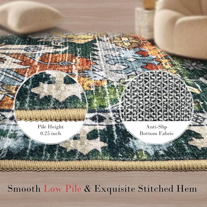 RUGSURE Washable Area Rugs - Perfect for Living Room, Bedroom, Kids Room, Nursery - Stain & Water Resistant Non-Slip, Pet & Child Friendly, Vintage Tribal Area Rugs (Green, 2'6'' x 8')