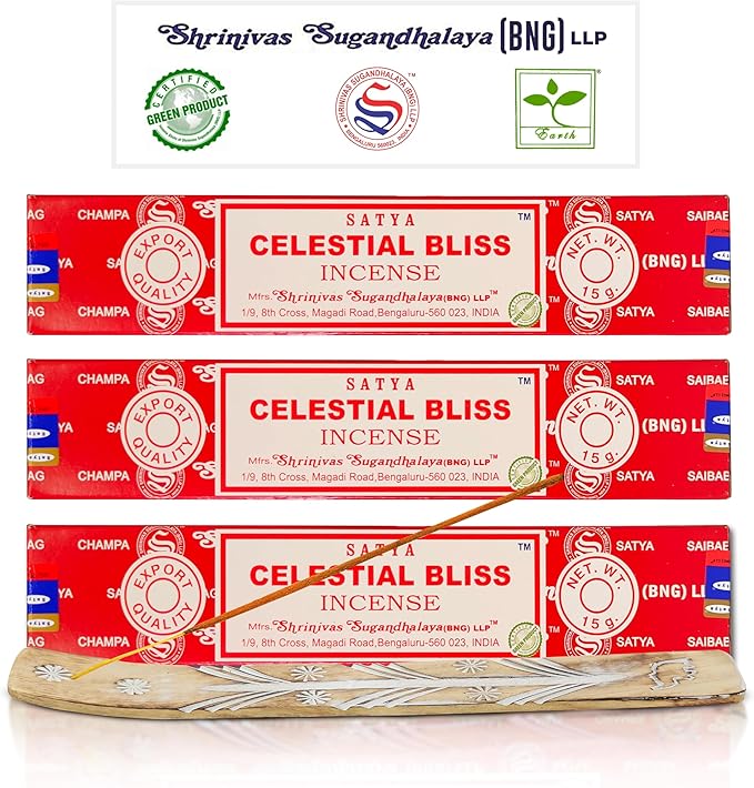 Raajsee Satya Celestial Bliss Nagchampa Incense, 15gmx3 Pack (12 Sets, 160 Pieces, 180g) with Raajsee Incense Holder