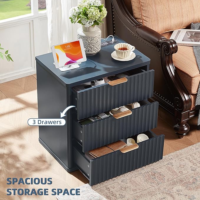 LEYAOYAO Fluted Nightstand with Charging Station, 23" Modern Night Stand with Woodgrain Top, 3 Drawers End Table w/Storage, Bedside Tables for Bedroom, Living Room, Curved Profile Design, Blue