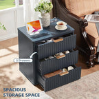 LEYAOYAO Fluted Nightstand Set of 2 with Charging Station,23" Modern Nightstand with Woodgrain Top, 3 Drawer End Table w/Storage, BedsideTables for Bedroom, Living Room, Curved Profile,Blue