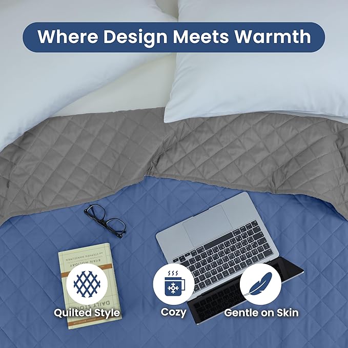 Martex Reversible Coverlet – Full Queen Size Quilt - Lightweight Full Size Bedding– Durable Queen Size Quilts for Bed – Soft - Easy Care Bedding – Ceil Blue/Gray