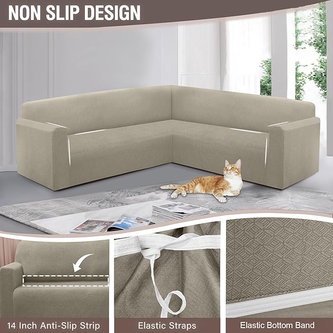 HDCAXKJ Sectional Couch Cover L Shape Stretch Sofa Covers Washable Jacquard Corner Couch Slipcover Non Slip Sectional Slip Cover U Shaped Furniture Protector for Pets Dogs (Light Khaki, Large)