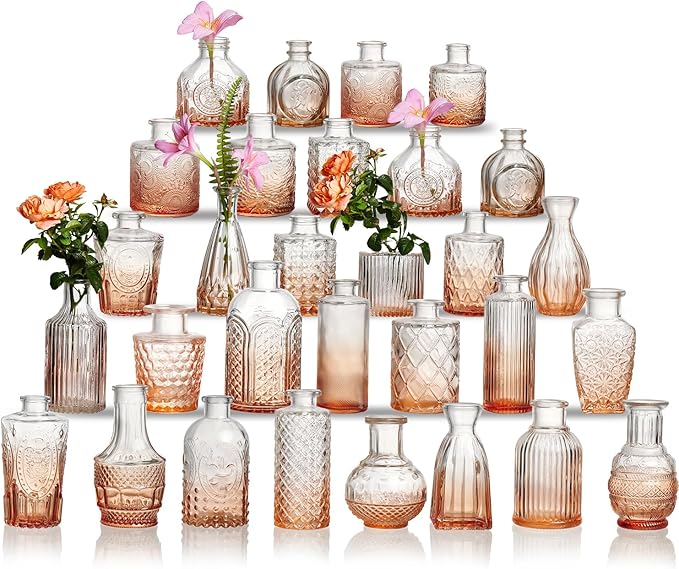 Glass Bud Vase Set of 30 - Small Vases for Flowers in Bulk - Assorted Vintage Crystal Vases for Flowers, Table Centerpieces (Amber, 30 Pcs)