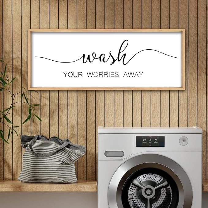 ZZJJHYWGQ Wash Your Worries Away Bathroom Wall Decor 32x12 Inch Laundry Room Funny Large Sign Wooden Framed Wall Hanging Art (Wood)