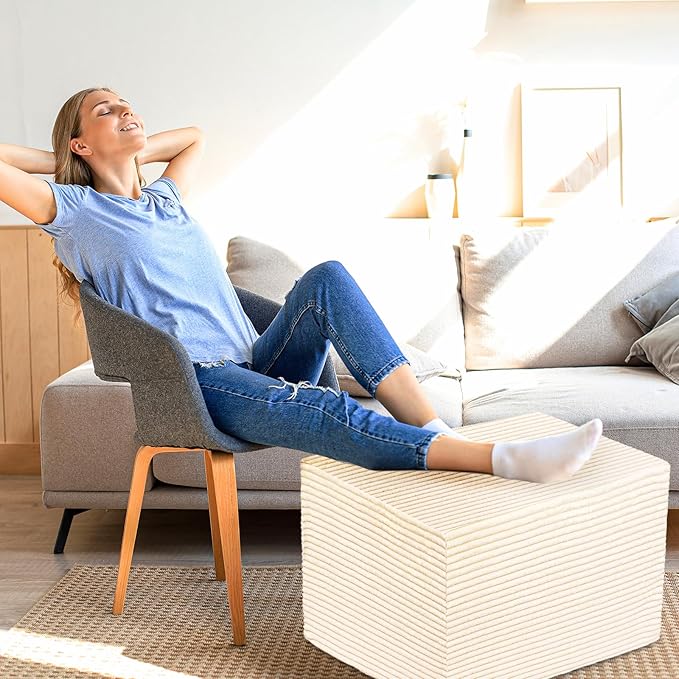 Rectangular Stuffed Pouf Ottoman with Foam Chunk Filling, Coral Fleece and Furry Fabric Design, Multi-Functional Floor Pouf for Living Room, Beige