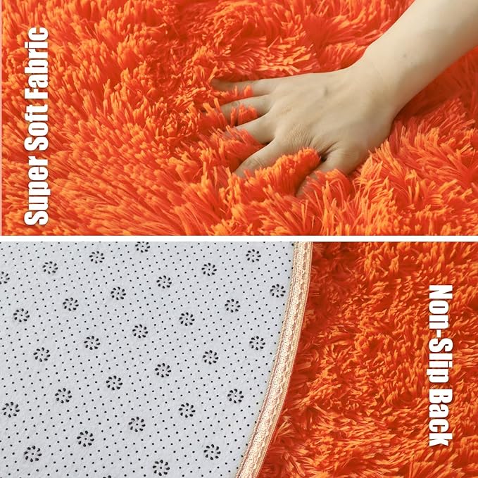 Orange Fluffy Round Rug,Soft Area Rugs for Girls Room,Shaggy Rugs 5'X5' for Living Room,Non Slip Circle Rug for Kids Bedroom,Shag Plush Nursery Carpets,Fuzzy Plush Rug for Dorm,Cute Room Decor Carpet