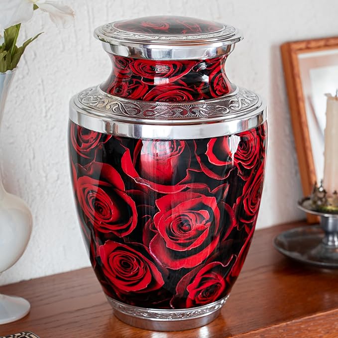 Crimson Rose Urn for Ashes for Women Men Adult | Cremation Funeral Decorative Red Urn for Male Female Adult Carefully Handcrafted with Pendant Necklace, for Dog Cat Pet