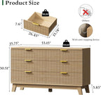 Fluted Dresser with 6 Drawers, 54" Wide Modern Chest of Drawers with Metal Handle, Wooden Dresser TV Stand, Wood Closet Clothes Storage Organizer for Bedroom, Living Room, Hallway, Natural Oak