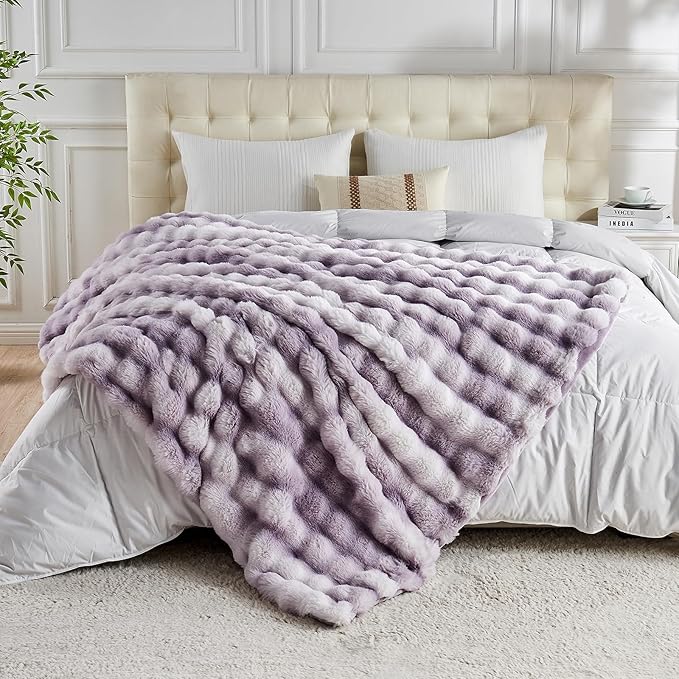 Lotus Karen Faux Fur Throw Blanket Tie-Dye Purple - Big Bubble Rabbit Fluff Blanket for Couch,Small Fluffy Fuzzy Cozy Blanket,Thick Furry Plush Shaggy Blankets,60x80 Inches