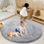 Soft Round Area Rug for Kids Bedroom, Fluffy Fuzzy Shaggy Rug 4'X4'for Living Room, Non Slip Circle Plush Rug for Girls Room Nursery Dorm Decor,Light Grey