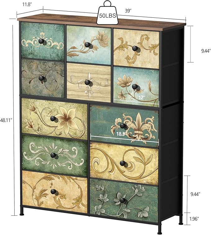 Tohomeor Dresser with Drawers for Bedroom Chest of Drawers Fabric Dresser for Closet,Nursery Entryway Hall Tree TV Stand for Living Room Retro Floral Pattern Drawers Wooden Top (12 Drawers)