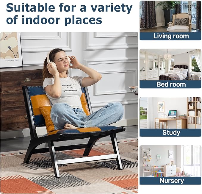 Accent Chair, Modern Comfy Genuine Leather Armless Mid-Century Anthropologie Accent Chairs, Lounge Arm Chair with Solid Wood, Floral Pattern Sofa Chair for Living Room/Office/Balcony/Bedroom