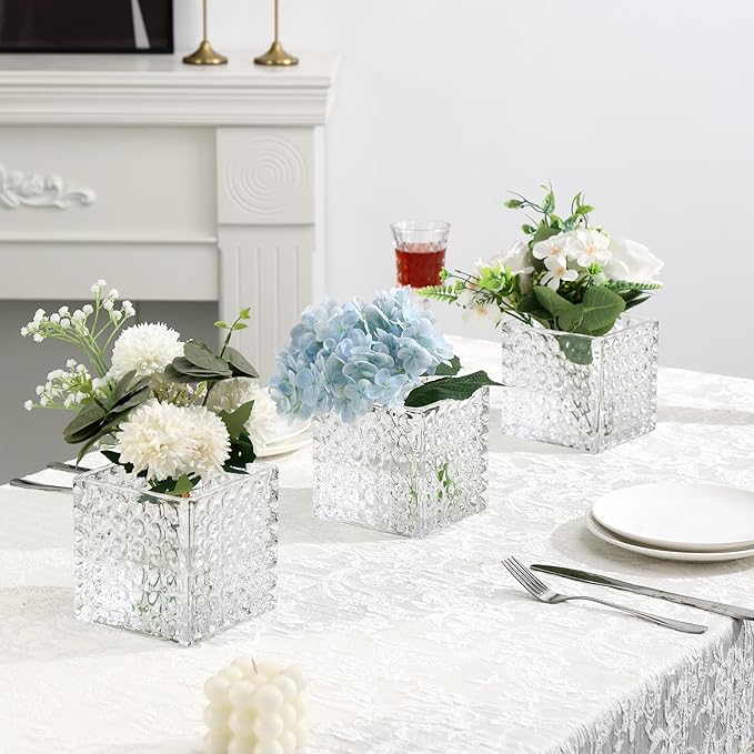 Square Vases Set of 6, 4" x 4" x 4" Square Glass Vases for Flowers, Clear Flower Vase for Centerpieces, Small Bubble Vase for Wedding, Party, Home, Office, Parties, Events