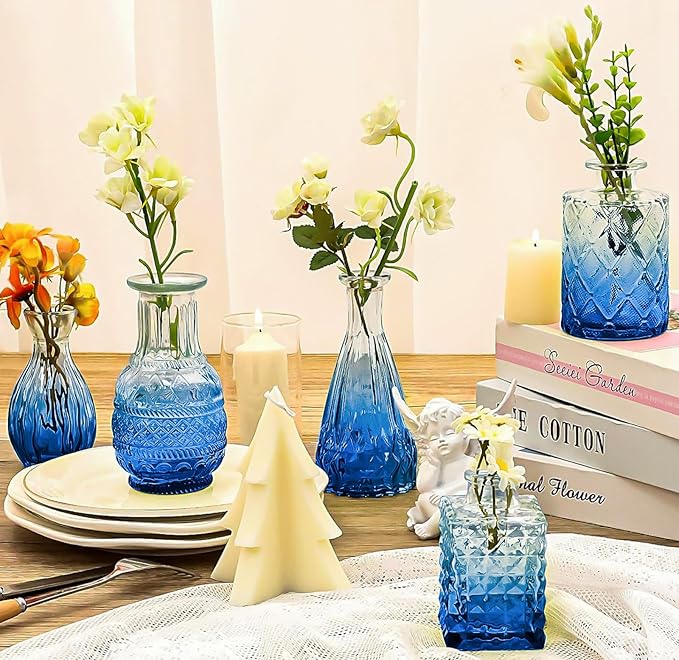 Blue Glass Bud Vase Set,20Pcs Small Glass Vase for Flowers, Blue Bud Set in Bulk,Mini Single Vintage Design for Centerpiece Rustic Wedding Decorations Home Table Flower Décor