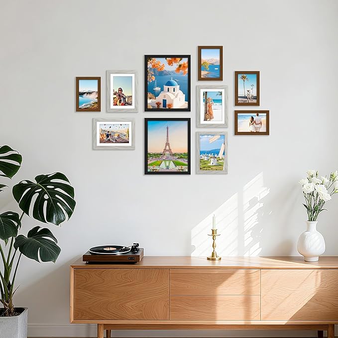 decorUhome Picture Frames Collage Wall Decor for Photo Gallery Display, Assorted Picture Frames set of 10 Including Two 8x10 / Four 5x7 / Four 4x6 for Family Wall Decor, Black/Brown/Grey, 10 Pack