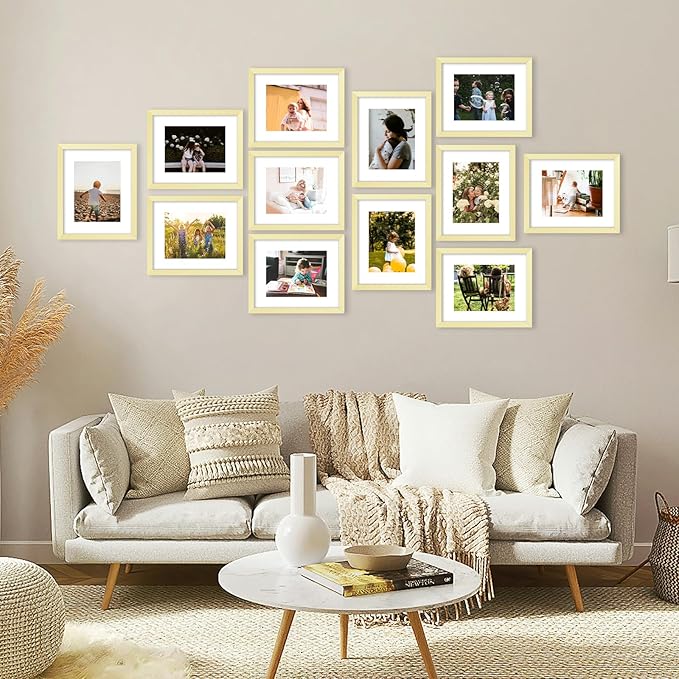 12 Packs 8.5 by 11 Picture Frames, Display 6x8 with Mat or 8.5x11 Without, for Award Certificate Diploma Document, 8.5 x 11 Frames Bulk Set of 12 Photo Frames Set for Wall and Tabletop, Gold