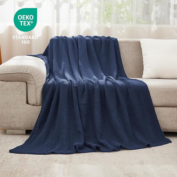 EMME Cotton Blanket Twin XL for Bed Soft Muslin Blankets 66"x90" Lightweight Breathable Layering Bedspread Coverlet All Season Gauze, Navy