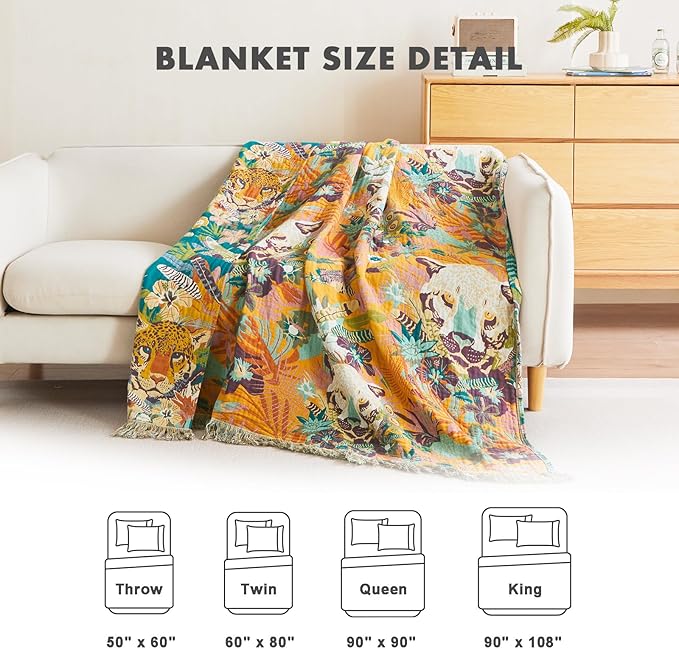 MSGKV Throw Blanket for Couch Cotton Muslin Breathable Leopard Animals Blanket 50"x60" Sofa Chair Blankets for All Seasons Lightweight Farmhouse Blankets Home Decor