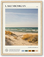 HesenDot Natural OAK Wood Lake Michigan Framed Wall Art,12x16in Natural Scenery Canvas Wall Print,Classic Urban City Landmark Wall Decor for Living Room,Bedroom,Office Gallery Gifts Set of 1