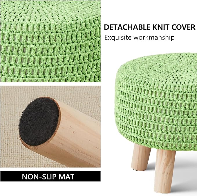 Wimarsbon Pouf Ottoman, 100% Cotton Knitted Boho Footstool, Round Footrest with Non-Skid Wood Legs, Home Décor Handmade Pouffe, Leisure Floor Step Stool for Living Room (Matcha)