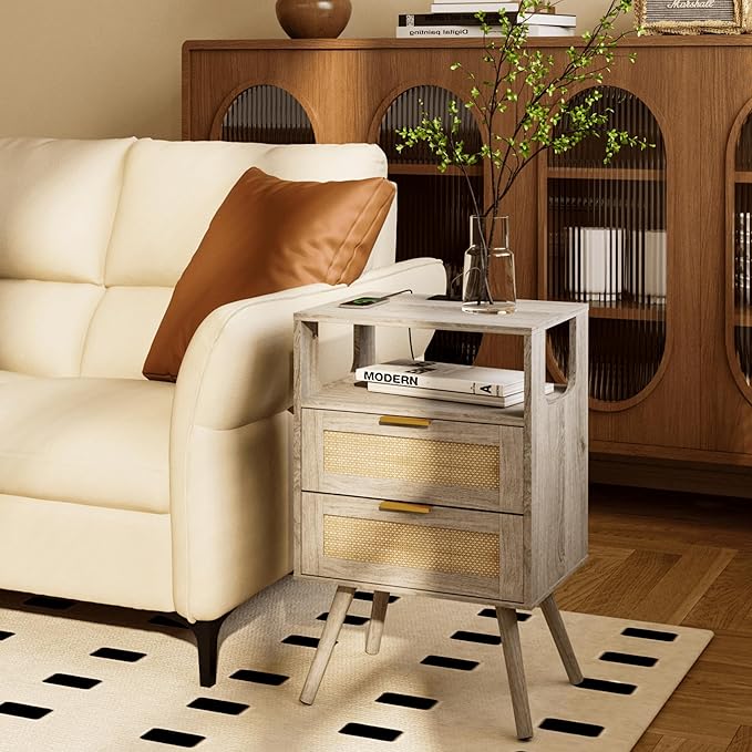 Rattan Nightstand with Charging Station,Farmhouse Bedside Table with 2 Storage Drawer and Open Wood Shelf, for Bedroom and Small Spaces,Night Stand with Solid Wood Legs (Grey Oak-Outlet)