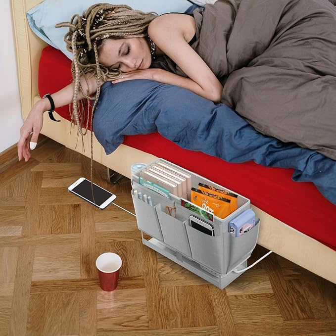 Bedside Caddy, Bed Organizer with 11 Pockets and Power Strip Holder,Versatile Bedside Storage Caddy for Home,Dorm,Bunk,Hospital,Crib Bed (Grey)