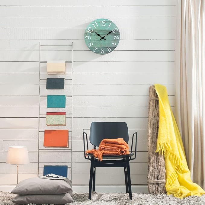 Plumeet Wall Clock, 12'' Frameless Wooden Wall Clocks with Silent Quartz Movement, Rustic Coastal Country Village Clocks Decorative for Kitchen Bedroom Living Room, Green