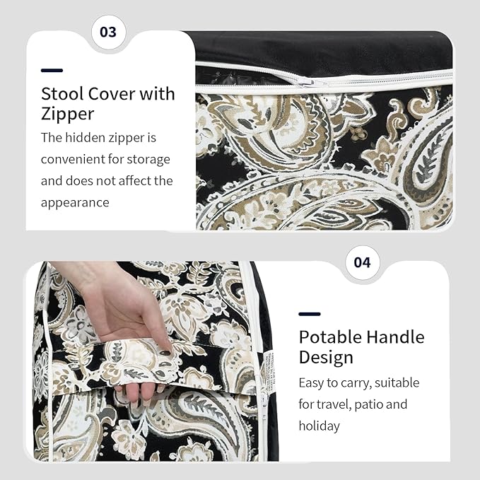 Inflatable Ottoman Stool D21 xH9 for Outdoor/Indoor Use, Water Repellent Patio Foot Rest Stool with Portable Handle,Round Pouf Ottoman Suitable for Garden,Deck and Camping - Paisley Black