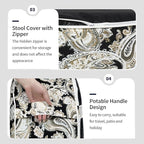 Inflatable Ottoman Stool D31 xH14 for Outdoor/Indoor Use, Water Repellent Patio Foot Rest Stool with Portable Handle,Round Pouf Ottoman Suitable for Garden,Deck and Camping - Paisley Black