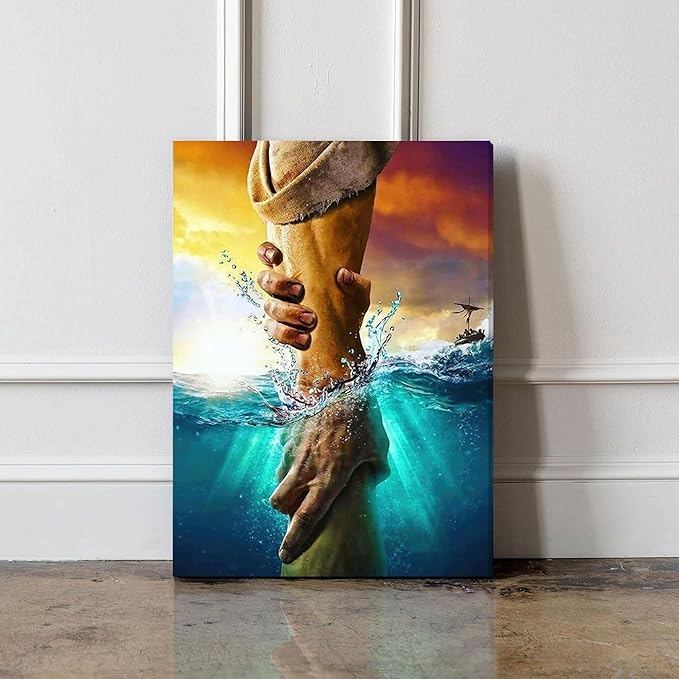 Framed Jesus Christ Canvas Wall Art The Hand of God Jesus Reaching Into Water Christian Painting Prints Biblical Wall Decor Religious Room Decor for Church Prayer Room Schools Hospitals 12" x 16"
