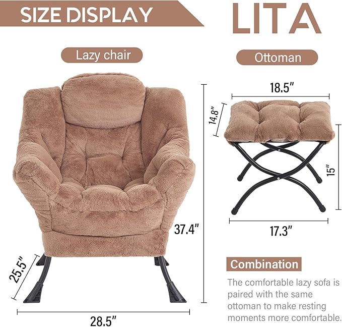 Cozy Lazy Chair and Ottoman, Large Contemporary Accent Lounge Chair Set, Leisure Upholstered Reading Armchair for Bedroom, Living Room, Dorm Rooms, Office