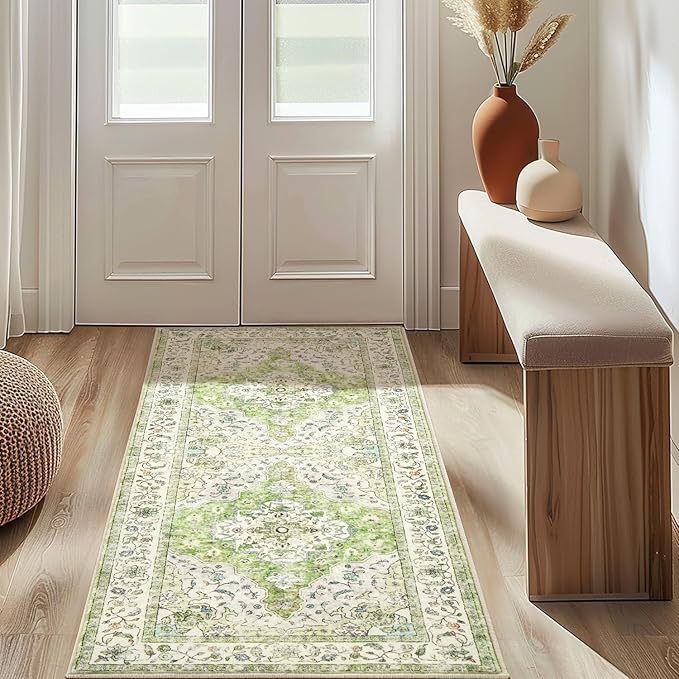 Topllen Runner Rug - 2'x5' Boho Washable Kitchen Rug, Non-Slip Soft Low Pile Rugs Indoor for Entrance Bedroom Bathroom Living Room,Vintage Throw Hallway Carpet Stain Resistance (Green, 2x5ft)