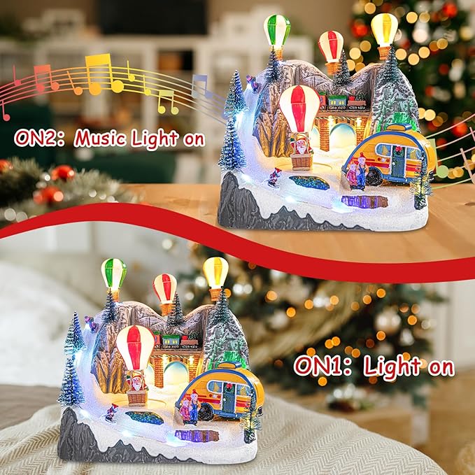 VCUTEKA Christmas Village, Hot Air Balloon Snow Mountain with Rotating Santa Claus Lighted Musical Village Perfect Addition to Your Christmas Indoor Decorations or Holiday Displays