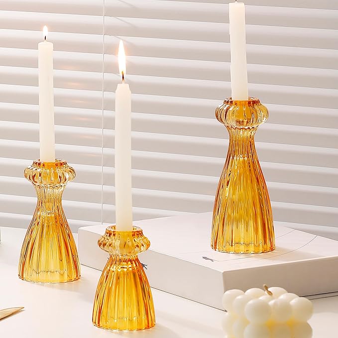 Lysenn Glass Candle Stick Holder Set of 3 – Premium Taper Candle Holders for Romantic Ambiance - Candle Sticks Holder Decor for Special Occasions - Amber