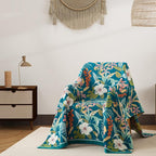 Boho Throw Blanket Full Size, Extra Large Soft Cozy Cotton Muslin Quilt Blanket for Bed Decor, Floral Patterned Couch Sofa Chair Cover, Vintage Farmhouse Cottage Woven Blanket, Teal&Green