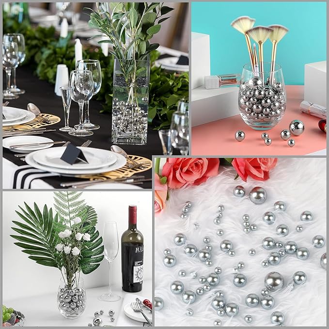 Silver Vase Filler | 150PCS Pearls Bead for Centerpieces Vases | 8/14/20 mm No Hole Beads, Fake Pearls for Wedding Birthday Theme Party Table Centerpieces Decor