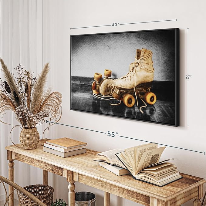ElephantStock Vintage Skates Pop Wall Art - Horizontal Framed Canvas - 1-Piece Living Room Wall Decor - Sport Photography Canvas Print - Beige and Black Decor for Wall - 40" X 27"