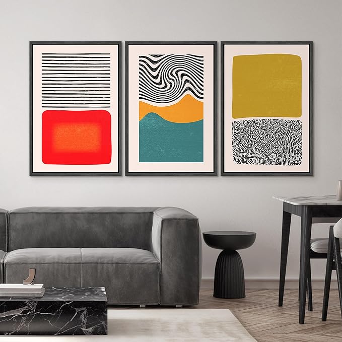 SIGNWIN Framed Canvas Print Wall Art Set Mid-Century Color Blocks & Spirals Abstract Shapes Illustrations Modern Art Contemporary Minimal Ultra for Living Room, Bedroom, Office - 24"x36"x3 Black