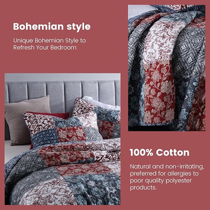 Secgo King Size Comforter Set- 100% Cotton Quilt King Size Set, Burgundy bedspreads (96 * 108 Inch) with 2 Pillow Shams, Patchwork Reversible Lightweight Bedding