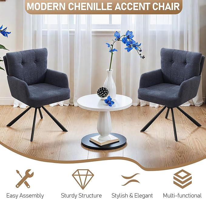 Fabric Dining Chair Set of 2 Modern Upholstered Swivel Dining Room Chairs Comfy Accent Armchair with Mid Back, Desk Arm Chair No Wheels for Kitchen/Living Room/Dining Room, Navy