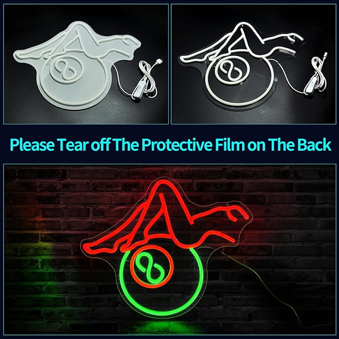 Billiards Lady Neon Sign, JGHTURIE Back Led Neon Signs for Wall Decor - Red Light Up Sign Preppy Girls Bar Pool Table Accessories Game Room Birthday Party Decor Gift USB Powered