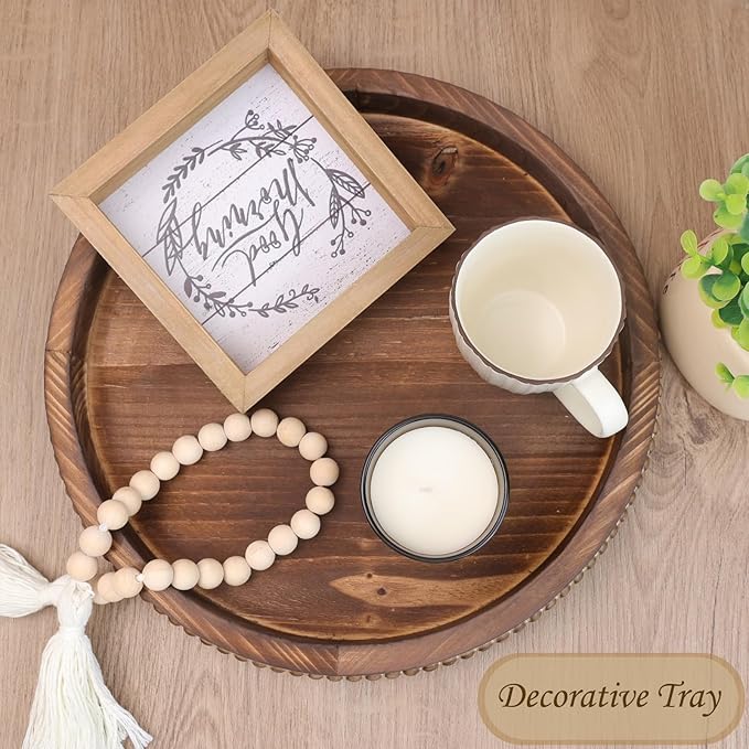 Round Burnt Wood Serving Tray with Beads, Wooden Decorative Tray for Entertaining, Decoration, and Gifting,