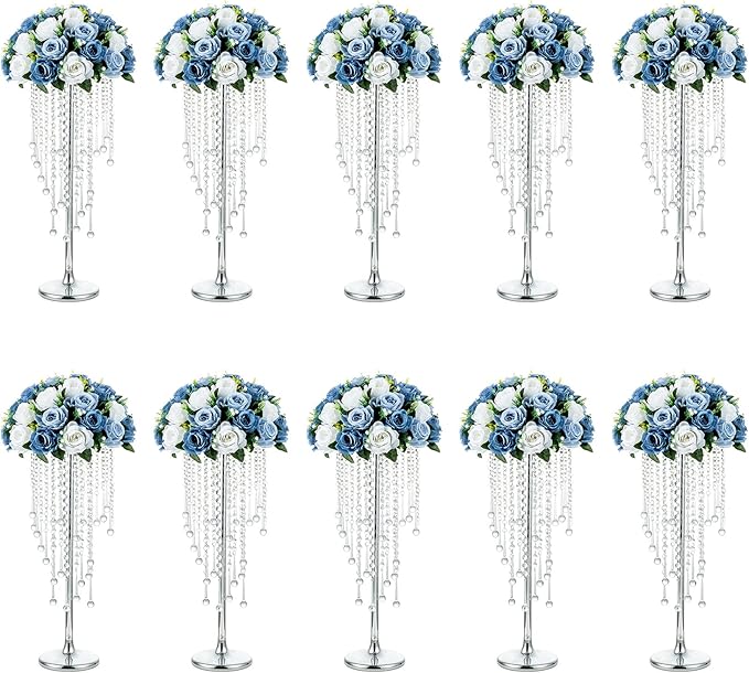 NUPTIO Silver Vases for Centerpieces Wedding - 10 Pcs 21.7in Tall Centerpiece for Tables - Flower Stand Bulk for Weddings Chandelier