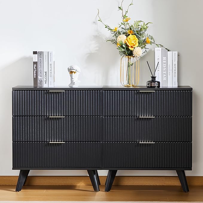 Fluted 3 Drawer Dressers, Modern Closet Dressers Chest of Drawers, Wood Storage Dresser Chest of Drawers Organizer for Bedroom Living Room Hallway Closet(Black)