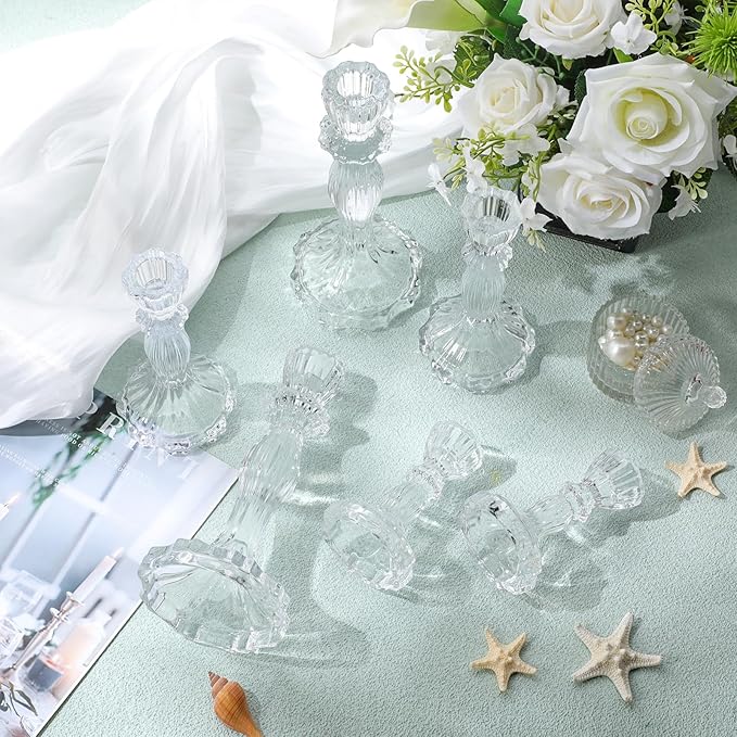 Mumufy 6 Pack Glass Taper Candle Holders Clear Candlestick Holder Fit 0.8 Inch Candles 4'' 6'' 8'' Tall Crystal Decorative Candlestick Stand Centerpiece for Table Wedding Dining Party (Classic)