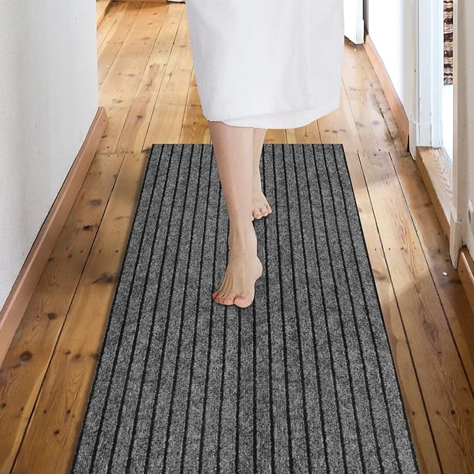 Custom Size Backed Non-Slip Area Rugs Runner, Easy Clean, Waterproof Runner Rugs for Hallway Entryway, Kitchen, Laundry, 2FT x 42FT, Gray Stripe