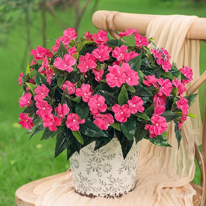 Artificial Impatiens Bouquet Flowers for Outdoors Silk Faux Flowers for Outdoor Impatiens Plants Decor Indoor Planters Kitchen Planters and Balcony Decorations 4PCS (Rose Red)