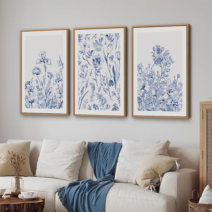 SIGNINART Classic Chinoiserie Botanical Framed Canvas Wall Art, Blue and White Floral Wall Decor, Minimalist Flower Artwork, Navy Blue Wildflower Art Painting for Bedroom Living Room Office 24"x36"x3