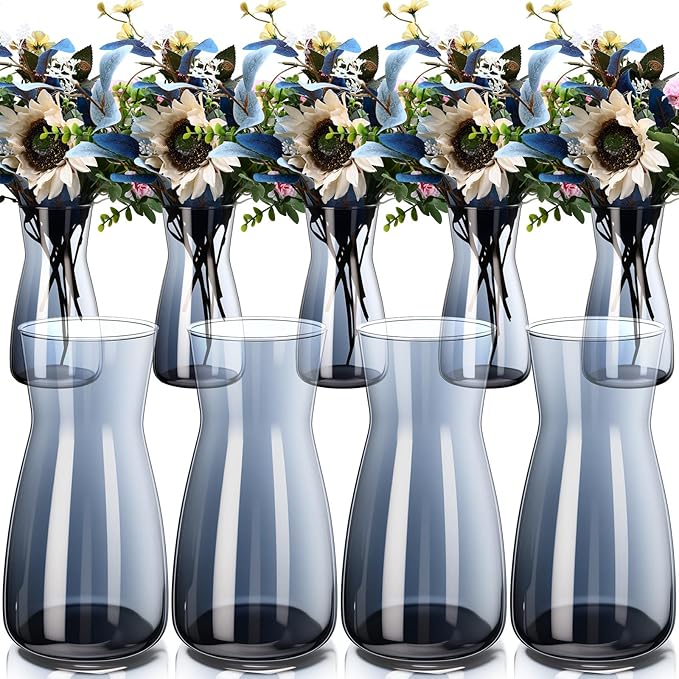 Thenshop 10 Pcs 8'' Tall Clear Flower Vase Wide Mouth Crystal Glass Boho Decorative for Centerpieces Bulk Tall Vase for Flower Bouquets Rustic Home Decor Wedding Housewarming Gift (Smoke Grey)