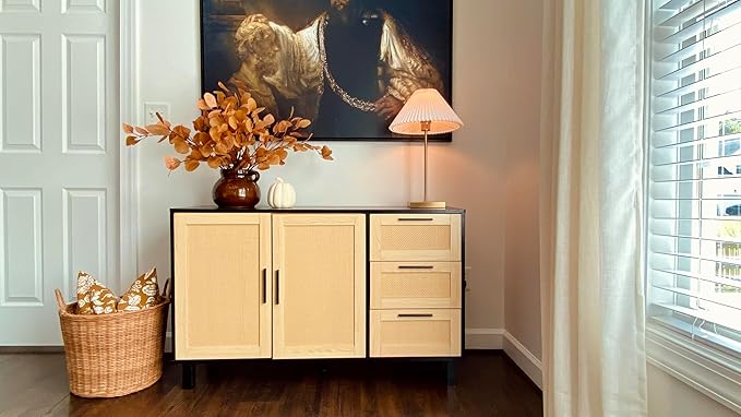 PHI VILLA Black Rattan Cabinet with Doors, Buffet Sideboard Cabinet with Drawers, 2 Door Storage Cabinets